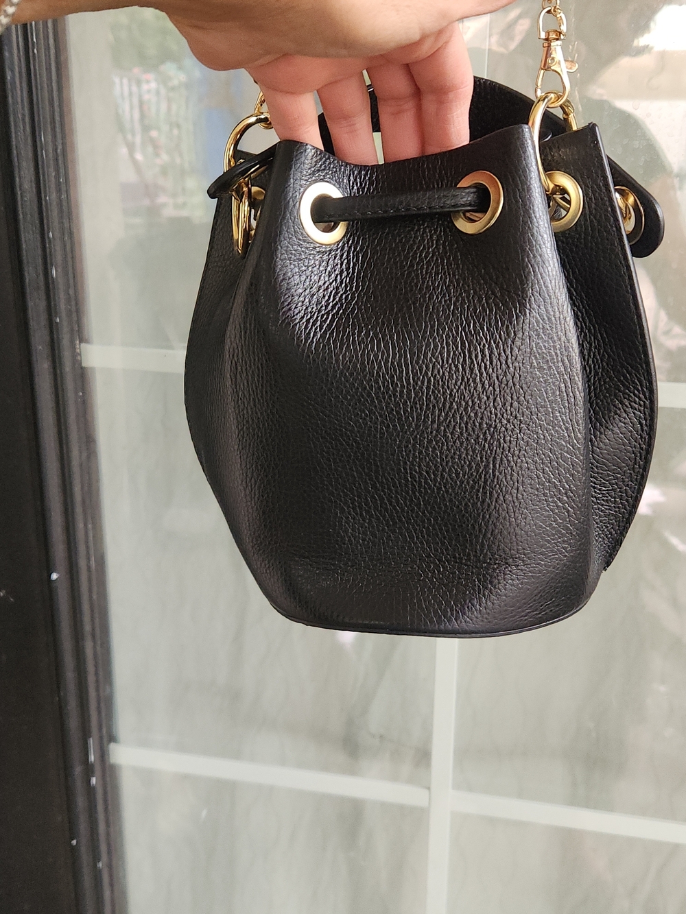 Black Leather Drawstring Bucket Bag with Chain Strap - Picture 6 of 10